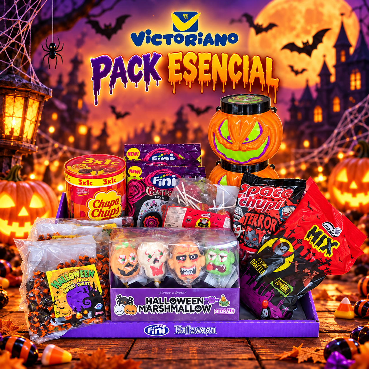 Productos del Pack Halloween Esencial de Victoriano sobre fondo de Halloween