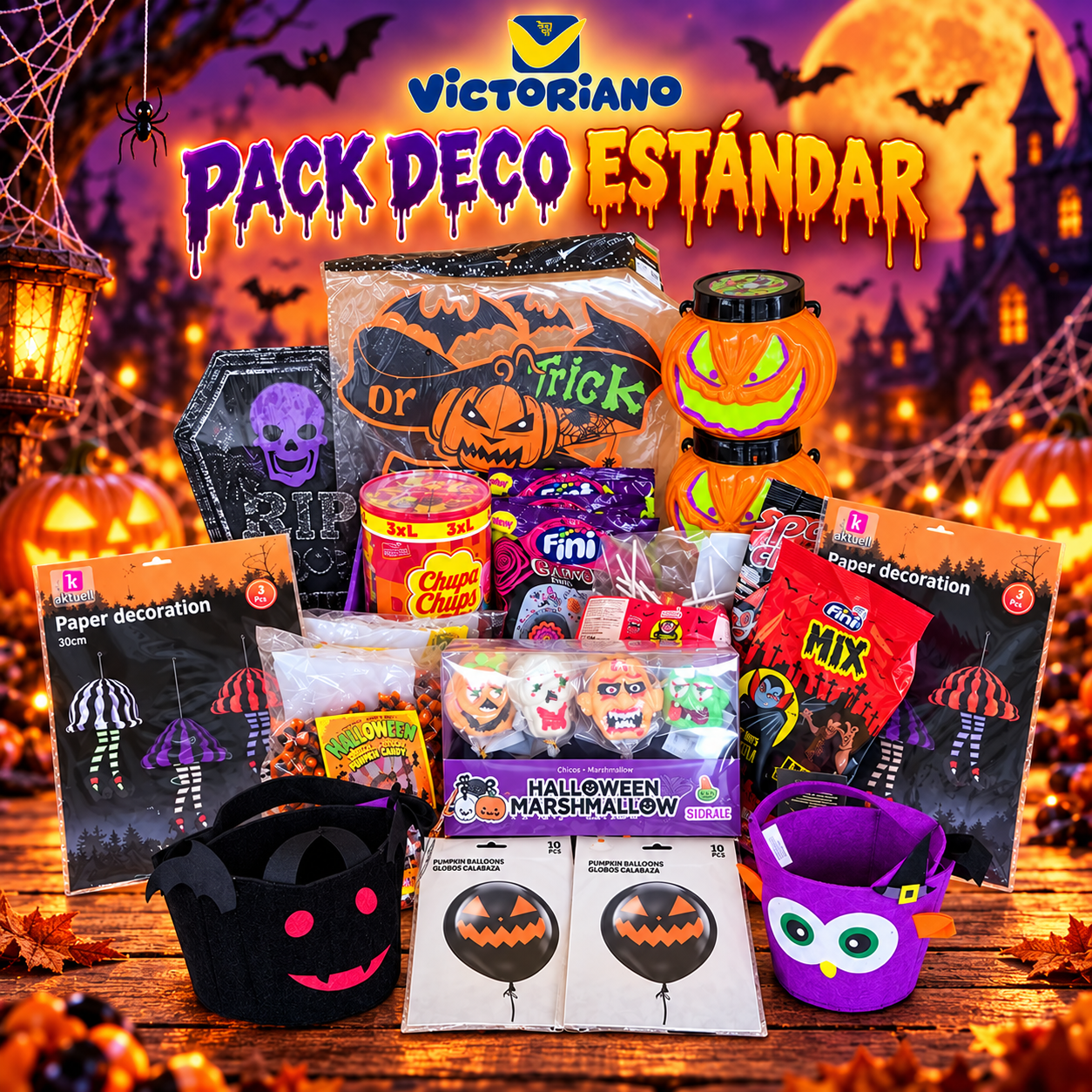 Golosinas y decoración del Pack Halloween Deco Estándar de Victoriano